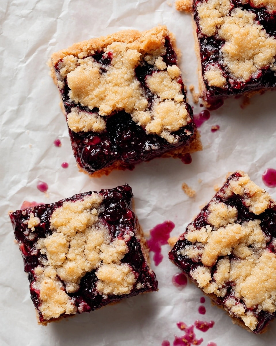 The image shows four square pieces of dessert with two clear layers. The bottom layer is a dark purple berry filling with a shiny and juicy texture, while the top layer is a crumbly, golden-brown crust broken into irregular patches, covering parts of the berry layer. The dessert pieces rest on crinkled white parchment paper placed on a white marbled surface, with small purple juice drops scattered around. The photo taken with an iphone --ar 4:5 --v 7