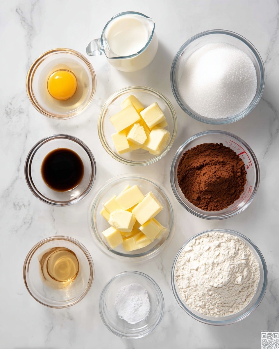 The image shows ten small glass bowls and a glass measuring cup arranged on a white marbled surface. Starting from the top left, there is a small bowl with one raw egg showing yellow yolk and clear white. To its right is a larger bowl filled with white granulated sugar. Next to the sugar is a clear glass measuring cup with off-white milk. Below the egg bowl is a small bowl with dark brown liquid, likely vanilla or a similar ingredient. Next to it is a small bowl filled with brown cocoa powder. To the right of the cocoa powder, there is a medium bowl of yellow butter cubes. Beneath the vanilla bowl is a very small bowl with clear liquid. Next to it is a small bowl with light brown liquid, possibly honey or syrup. Below the clear liquid bowl is another small bowl with white fine salt. Beside it is a bowl with white powder, and to the far bottom right is a larger bowl with a mix of white flour and powdered sugar. All bowls are clear glass and sit on the smooth white marbled surface. photo taken with an iphone --ar 4:5 --v 7