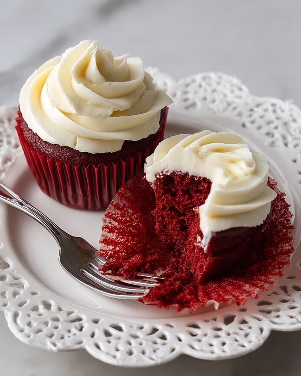 The image shows two red velvet cupcakes on a white plate with a lace-like edge. One cupcake is whole with smooth, swirled white cream on top. The other cupcake is opened, showing the deep red inside, with white cream on top and part of it taken away on a silver fork resting on the plate. The background is a white marbled surface. Photo taken with an iphone --ar 4:5 --v 7