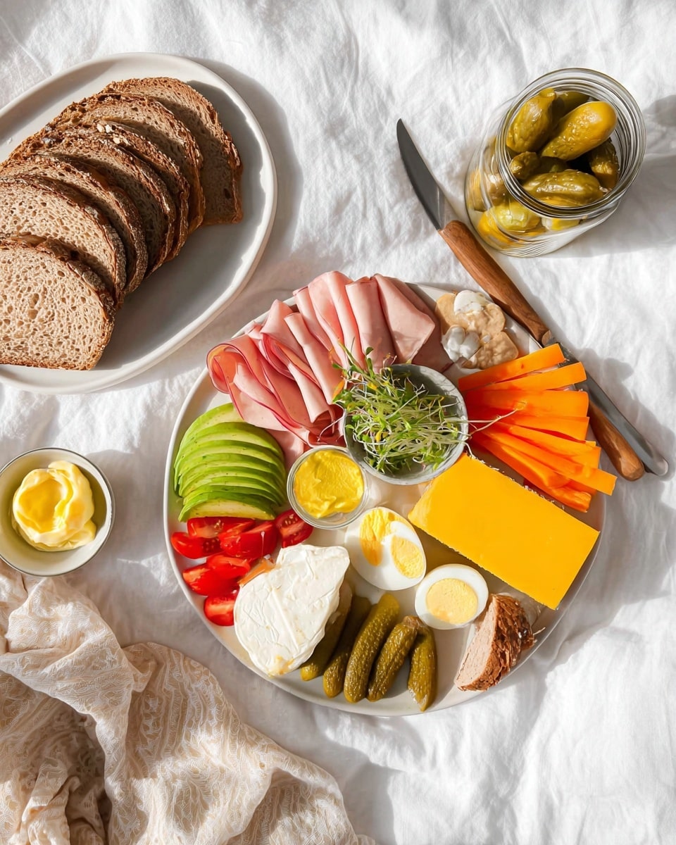 A large white plate with a variety of foods arranged in layers: the bottom layer has slices of red tomato and green avocado, next to a fan of folded light pink meat slices and sliced white and yellow boiled eggs. There are several whole small pickles scattered around the plate, with one sliced pickle near the top. Thin white onion rings and bright orange pepper strips add color at the edges. A wedge of yellow cheese and a small round piece of white cheese topped with microgreens sit on one side. A small dish of mustard is placed near the top next to the meat roll. To the left on a white tray are three slices of brown bread, a small bowl of yellow butter, a wooden spreader, and a partially sliced loaf of bread. The surface is white marble, and a beige cloth is under part of the plate. photo taken with an iphone --ar 4:5 --v 7