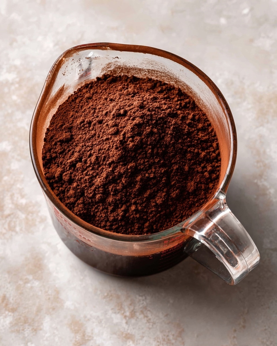 A clear glass measuring cup sits on a white marbled surface, filled with a dark brown, smooth liquid layer beneath a mound of fine cocoa powder that forms a rich, textured top layer. The cocoa powder is slightly uneven and piled mostly toward one side, showing contrast with the glossy liquid around it. The measuring cup handle extends to the right, catching light and showing transparent glass details. photo taken with an iphone --ar 4:5 --v 7