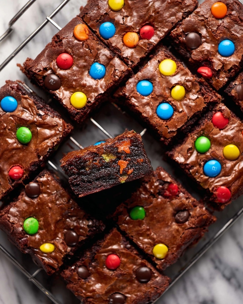 The image shows a group of nine square chocolate brownies topped with small, round, colorful candy pieces in red, blue, green, yellow, orange, and brown. One brownie is slightly lifted above the others, revealing a dense, dark brown inside with a moist texture and bits of candy mixed within. The surface of each brownie has a shiny, cracked chocolate layer, and the candy pieces are slightly pressed into the top. The brownies sit on a cooling rack above a white marbled surface. Photo taken with an iphone --ar 4:5 --v 7