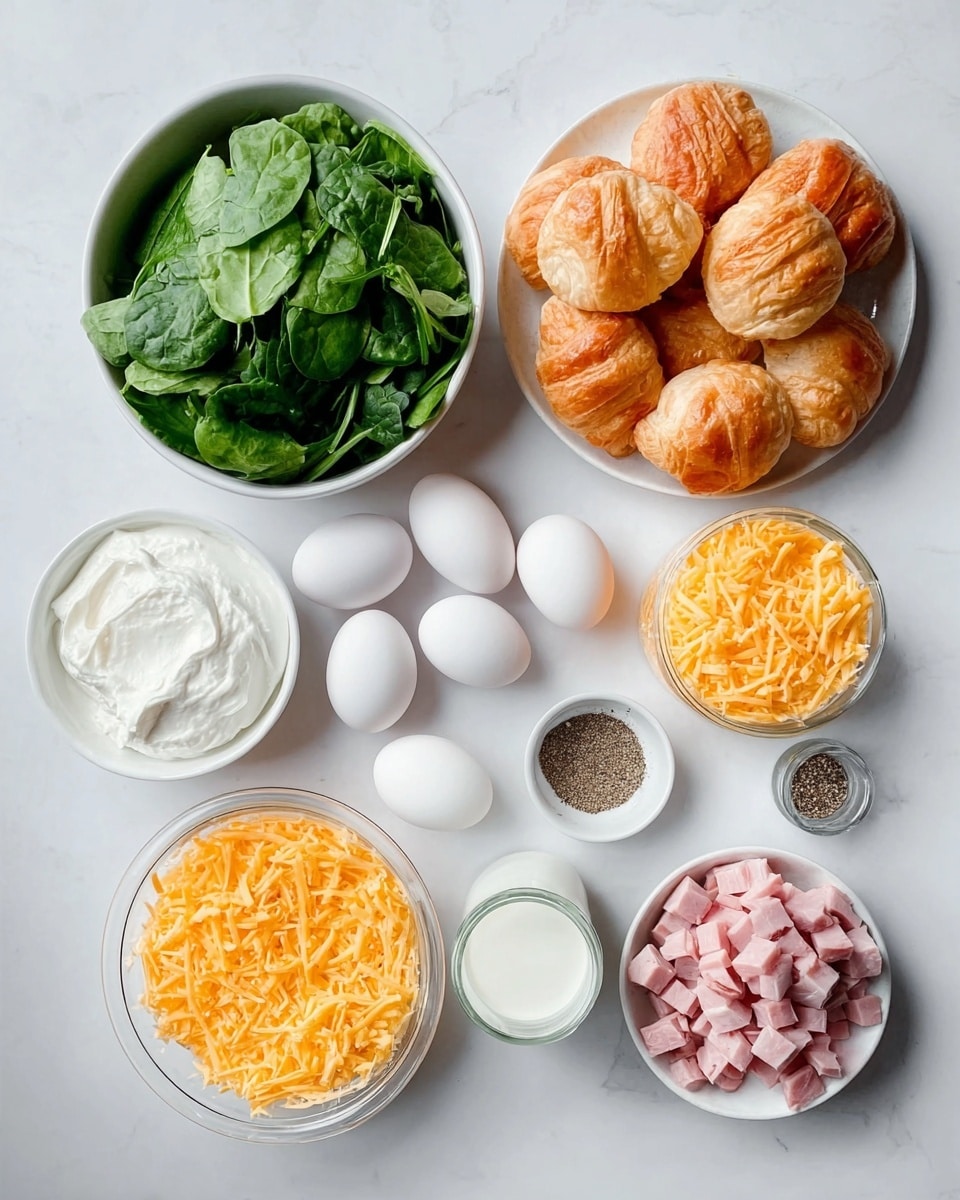 The image shows ingredients arranged neatly on a white marbled surface. There is one large white bowl filled with bright green leafy spinach in the top left corner. Below it, a smaller white bowl holds a few dollops of creamy white cheese. To the right of the cheese bowl, eight white eggs are lined up in two rows. Next to the eggs, a small container of black pepper sits beside a larger pile of small round croissants stacked in a pile on the top right. Below the croissants, a white bowl is filled with small diced pieces of pink ham. At the bottom left corner, a glass of milk is placed next to a white bowl filled with shredded orange cheddar cheese. The lighting is bright and natural, photo taken with an iphone --ar 4:5 --v 7