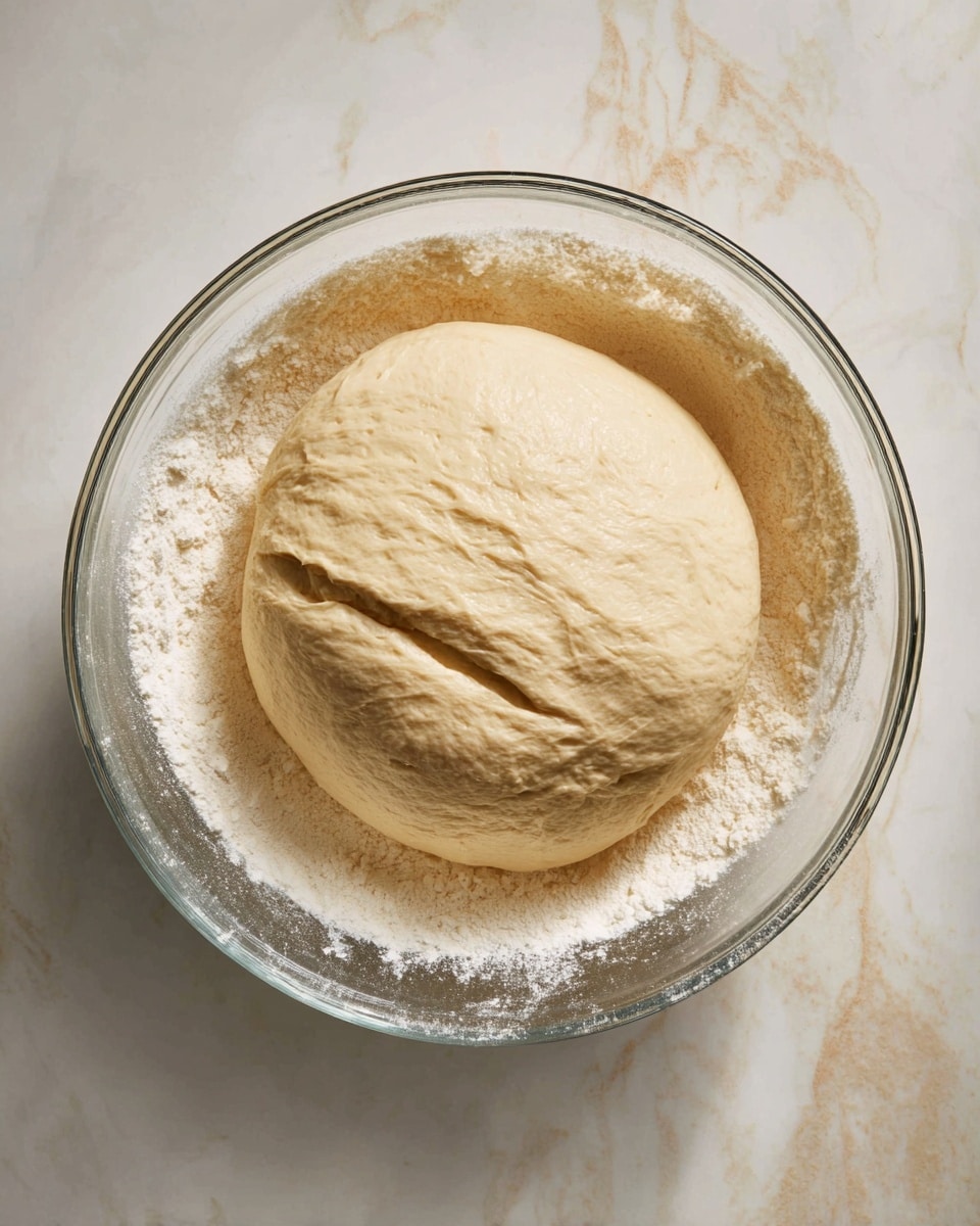A clear glass bowl filled with smooth, light beige dough that is risen and soft in texture. The dough is rounded, almost filling the bowl, with a single deep line running across its center. The bowl sits on a white marbled surface with some flour dusted around the inner edge of the bowl. photo taken with an iphone --ar 4:5 --v 7