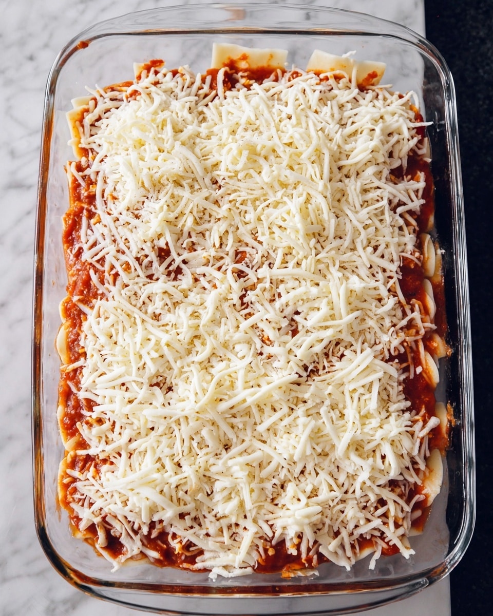 A glass baking dish filled with a layered dish starting with a bottom layer of light-colored pasta or dough, followed by a layer of bright red tomato sauce with some visible chunks, and topped generously with shredded white cheese evenly spread over the top. The dish sits on a white marbled surface. photo taken with an iphone --ar 4:5 --v 7
