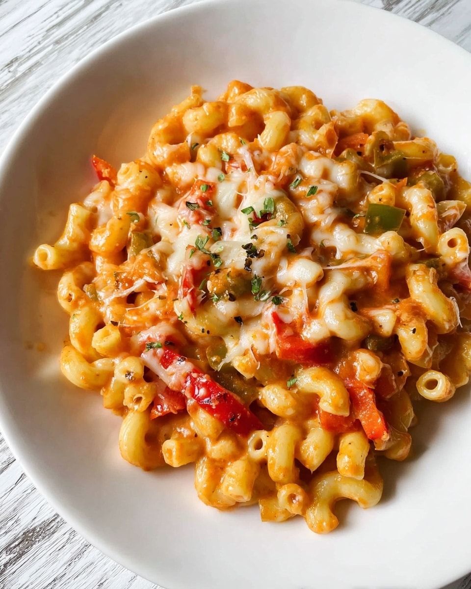 A white plate holds a single layer of cooked small elbow pasta mixed with pieces of red and green bell peppers, all coated in a light orange sauce with some melted white cheese on top, showing a mix of smooth and slightly chunky textures. The background is a white marbled surface. photo taken with an iphone --ar 4:5 --v 7