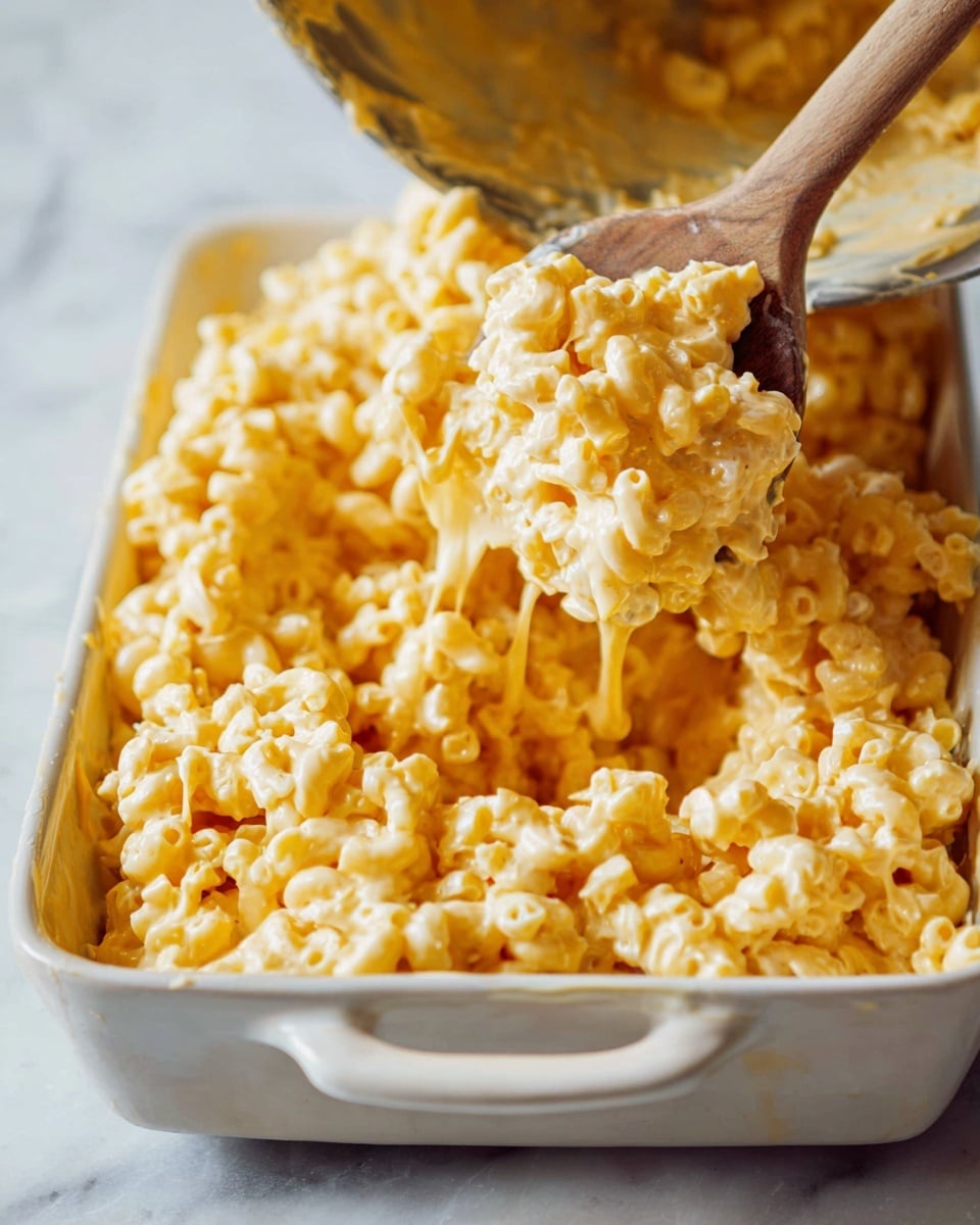 A close-up view shows creamy macaroni and cheese being poured from a large silver pot into a white rectangular baking dish with two handles. The macaroni is soft, coated in a thick, smooth yellow-orange cheese sauce, with small macaroni noodles piled unevenly in the dish. A wooden spoon is used to scoop the pasta from the pot, showing the cheese sauce clinging to the spoon and noodles. The white marbled surface is blurred in the background, giving focus to the creamy texture and warm color of the mac and cheese. photo taken with an iphone --ar 4:5 --v 7