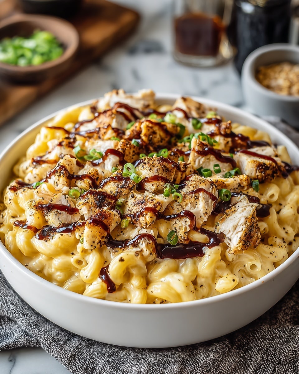 A white bowl filled with a layered dish starting with a base of curly macaroni pasta in a creamy, light yellow cheese sauce. On top, there are chunks of cooked chicken pieces, scattered evenly across the dish. The surface is drizzled with a dark brown sauce, likely barbecue, adding contrast. Small green slices of chopped spring onions are sprinkled all over, adding color and texture. The whole dish sits on a white marbled surface with a soft gray cloth partially visible beside the bowl. Photo taken with an iphone --ar 4:5 --v 7