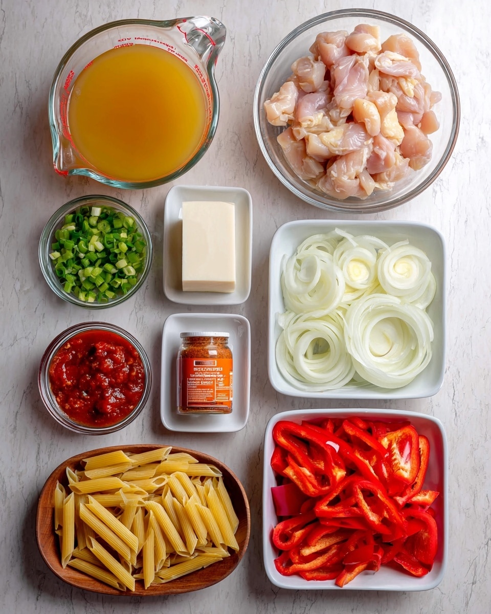 The image shows eight bowls and containers with different cooking ingredients arranged in a neat grid on a white marbled texture. In the top left corner, there is a glass measuring cup filled with yellow chicken broth. To the right, there is a large clear glass bowl with pale pink pieces of raw chicken. Below the broth, a small white rectangular dish holds a block of white cheese, while next to it, a square white bowl is filled with chopped green onions. To the right of the green onions, a square white plate has thin white onion slices layered in a circular shape. Below, a brown wooden bowl contains uncooked yellow penne pasta. To the right of the pasta, a square white plate is filled with bright red sliced bell peppers. In the middle of the image is a small orange container of Cajun seasoning, and next to it, a transparent bowl contains chunky red tomato pieces in sauce. photo taken with an iphone --ar 4:5 --v 7