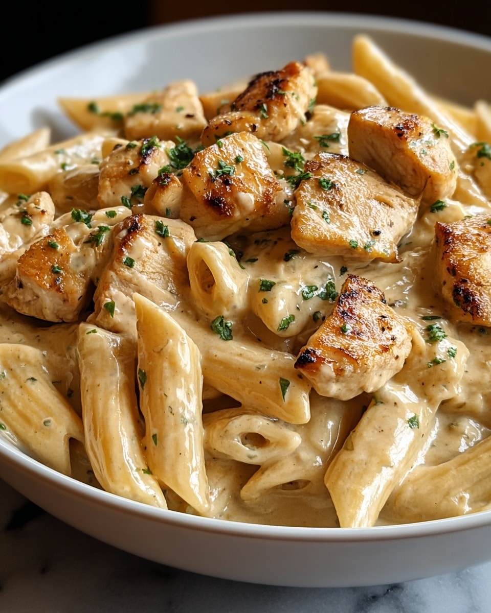 A close-up view of creamy pasta with pieces of browned chicken on top, served in a white bowl set on a white marbled surface. The pasta is penne, coated in a smooth, light beige sauce that looks rich and thick. The chicken pieces are scattered over the pasta, showing a golden sear with small green herb bits sprinkled on top, adding contrast. The edges of the chicken have a slightly crisp texture, while the sauce fills in the gaps, making the dish look warm and inviting. photo taken with an iphone --ar 4:5 --v 7