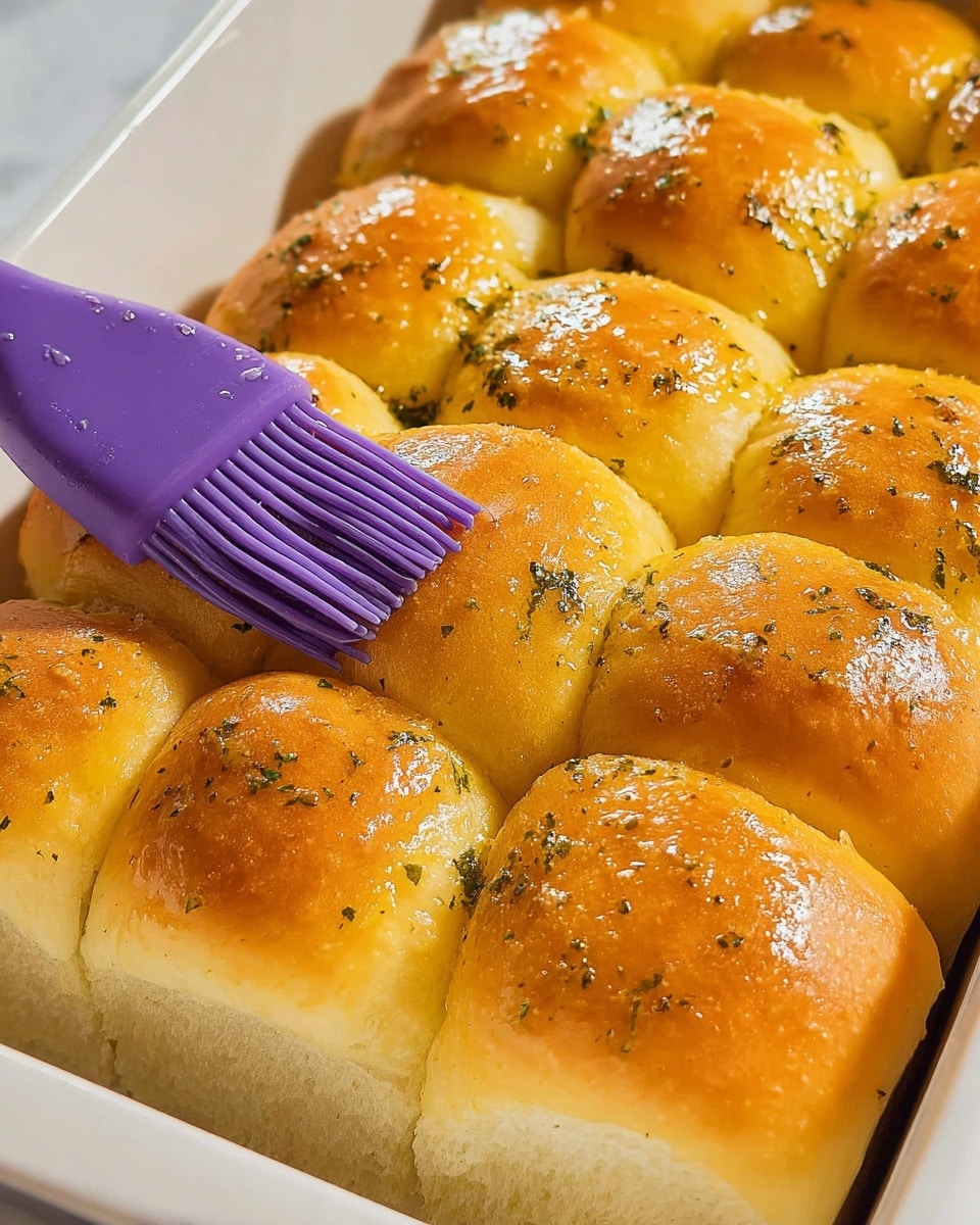 The image shows a close-up of a white baking dish filled with rows of golden brown bread rolls. Each roll is sliced partway through horizontally, creating two layers with a soft, fluffy white inside and a shiny, slightly crispy top sprinkled with small green herbs. A purple basting brush is spreading a glossy layer of butter or oil over the top surfaces of the rolls, giving them a moist and appetizing look. The white marbled texture beneath the dish adds a clean and elegant background. photo taken with an iphone --ar 4:5 --v 7