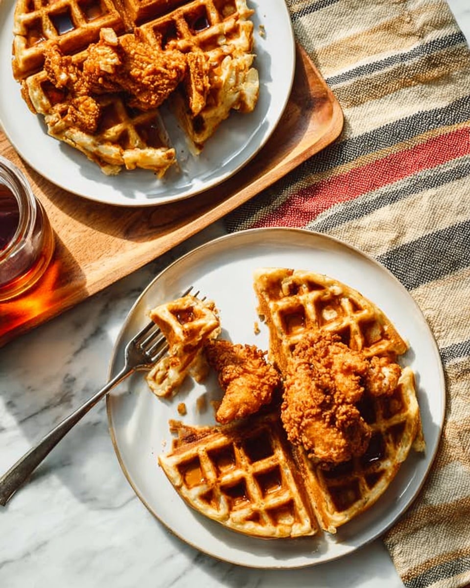 Two white plates on a white marbled surface, each with a golden brown waffle. One plate shows a waffle topped with a piece of crispy fried chicken with a crunchy texture. The other plate has waffle pieces and a small piece of fried chicken being held by a fork. The background includes a wooden tray and a striped cloth with beige, red, black, and white colors. A glass container with amber syrup is partially visible in the lower left corner. The overall light is bright and natural. Photo taken with an iphone --ar 4:5 --v 7