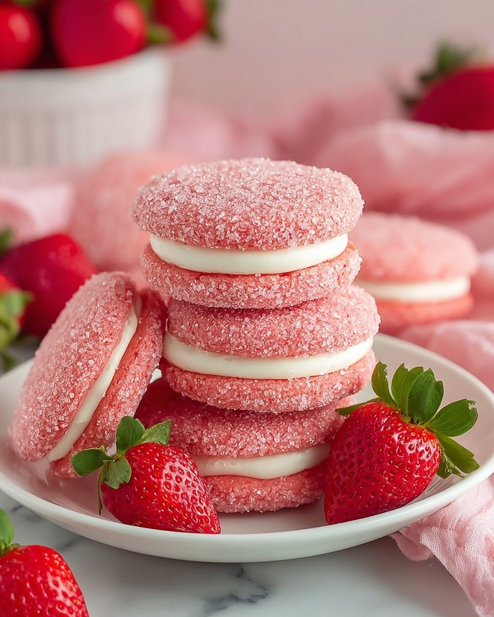There is a white plate holding a stack of four pink sandwich cookies, each cookie having two sugar-coated round pink layers with a smooth, thick white cream layer in the middle. The pink cookie layers have a rough textured surface covered with granulated sugar that sparkles. On the plate around the cookies, there are two fresh red strawberries with green leaves. The background features a soft pink cloth and blurred red strawberries, with the whole scene set on a white marbled surface. Photo taken with an iphone --ar 4:5 --v 7