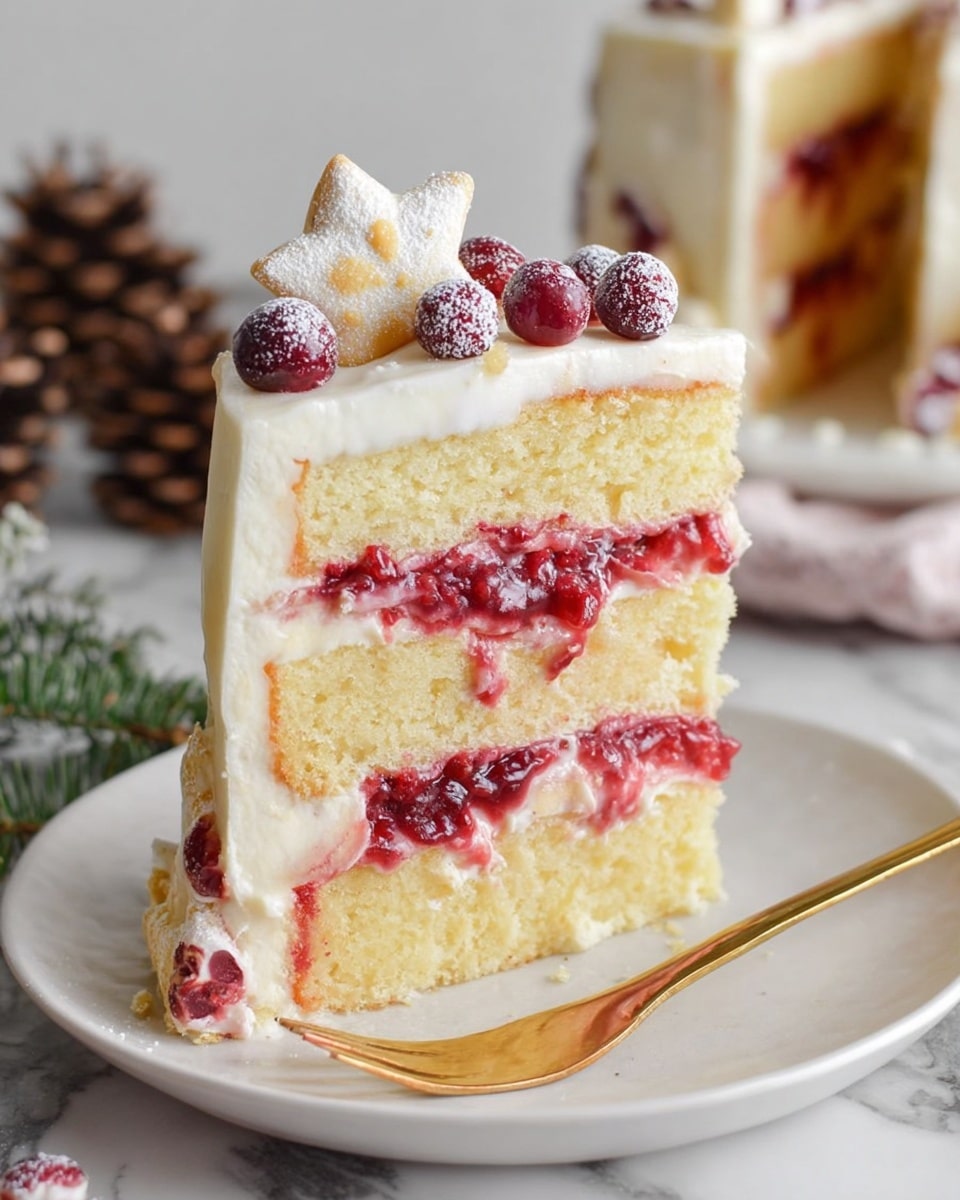 A tall slice of three-layer yellow cake with light texture is shown on a white plate with a gold fork resting on it. Each cake layer is separated by white cream frosting mixed with bright red berry jam that seeps slightly into the cake. The outside is covered in smooth white frosting. On top, there are sugared red berries and a white star-shaped cookie dusted with sugar. The background is a white marbled surface with a blurred full cake and some pinecones. Photo taken with an iphone --ar 4:5 --v 7