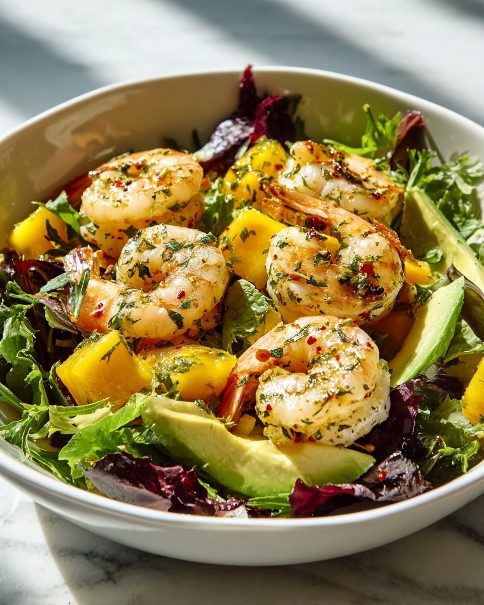 A white bowl filled with a shrimp salad featuring four large shrimp coated with herbs and red pepper flakes, placed on a bed of mixed leafy greens in different shades of green and purple. Interspersed among the shrimp and greens are chunks of bright yellow mango and slices of avocado with smooth, light green flesh. The salad is lightly dressed, giving the shrimp and mango a shiny texture. The bowl sits on a white marbled surface with natural light highlighting the colors and textures, photo taken with an iphone --ar 4:5 --v 7