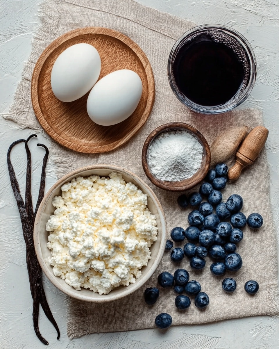 The image shows a rustic wooden table with a light beige cloth on it, holding several ingredients: two white eggs placed side by side on a small round wooden tray, a pile of fresh blueberries with a deep blue color scattered loosely below the eggs, a medium-sized white round bowl filled with fluffy white cottage cheese, a small wooden bowl with dark blue powder next to a similar bowl with white powder, a clear glass bowl filled with a dark red liquid, and two long vanilla beans placed diagonally near the bowl of cottage cheese. The whole setting is on a white marbled textured surface. Photo taken with an iphone --ar 4:5 --v 7