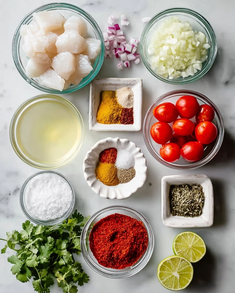 The image shows 11 ingredients in small white and clear dishes arranged on a white marbled surface. In the top left, there are white fish chunks in a clear round bowl with a smooth texture, next to a bowl with pale yellow chopped onions and another with red chopped onions. Below, a bowl holds small bright red whole tomatoes with a shiny skin. In the center, a white dish has four different spices in small heaps: yellow turmeric, light brown garlic powder, white salt, and greenish black pepper. To its right is a clear bowl filled with a pale yellow liquid. Below the spices, two small white bowls hold white salt and mixed dried herbs with reddish powder. In the bottom row, a bowl contains fresh green cilantro leaves, and next to it are two lime halves showing a light green inside. A clear bowl with bright red chili powder finishes the layout. The arrangement is neat and colorful, ready for cooking photo taken with an iphone --ar 4:5 --v 7
