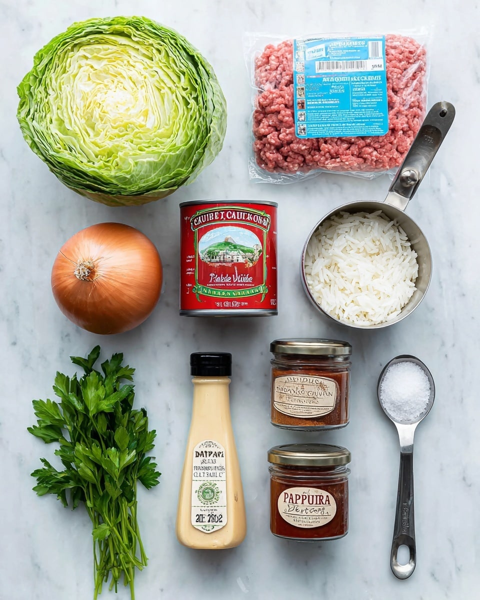 The image shows fresh cooking ingredients arranged neatly on a white marbled surface. There is a whole green cabbage in the top left, a clear plastic packet of raw pink ground beef with a blue label on the top right, and a metal measuring cup filled with white cooked rice on the middle right. Below the cabbage is a can of tomato sauce with red tomatoes on the label, and below the beef is a whole yellow onion next to a single brown egg. In the middle are fresh green parsley sprigs. Below the tomato sauce can is a bottle of Worcestershire sauce with a light yellow label. To the right of this bottle are two glass jars labeled