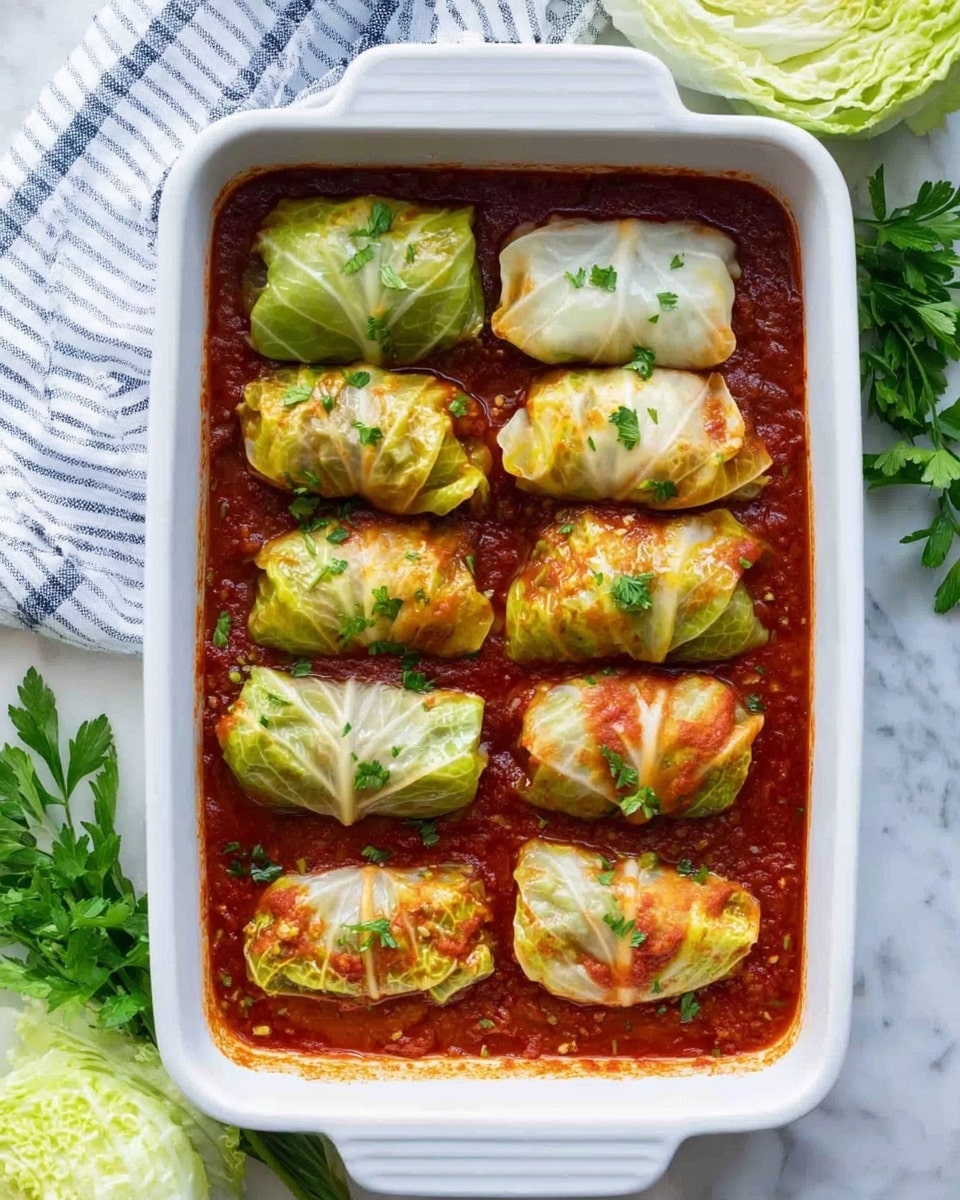 The image shows a white rectangular baking dish with twelve stuffed cabbage rolls arranged in three columns and four rows. Each roll is wrapped in light green, slightly browned cabbage leaves with a translucent texture on some parts, sitting in a rich, thick red tomato sauce that fills the dish. Small green herb pieces are sprinkled evenly over the rolls and sauce, adding a fresh color contrast. The dish is placed on a white marbled surface, accompanied by green cabbage leaves and some fresh parsley around it. A white and blue striped cloth is seen partially on the top left side of the baking dish. Photo taken with an iphone --ar 4:5 --v 7