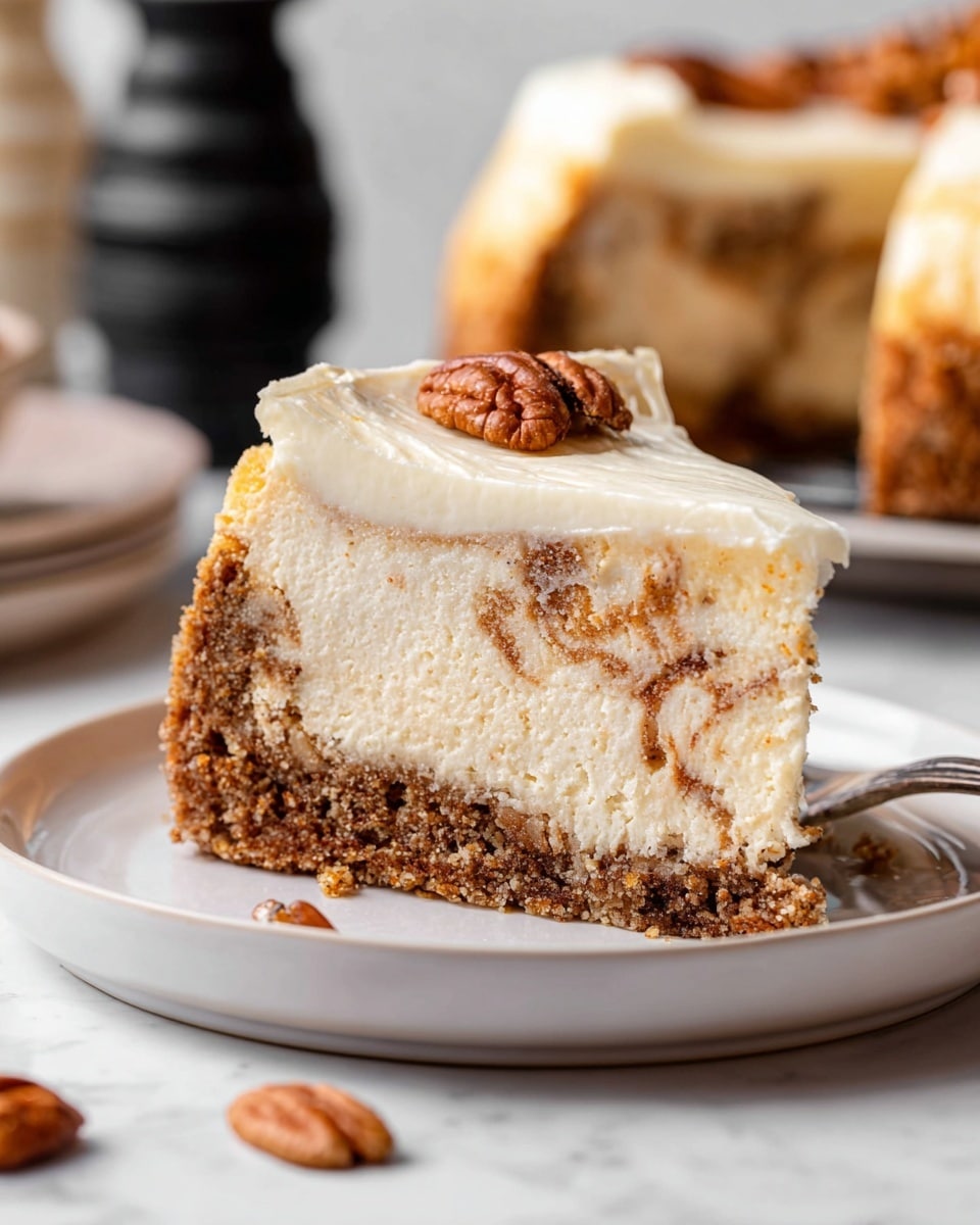 The image shows a slice of layered cheesecake on a white plate, placed on a white marbled surface. The bottom layer is a crumbly brown crust, topped with a thick, creamy light beige cheesecake layer mixed with bits of darker brown swirls. The top layer is a smooth, thick, creamy white frosting that covers the slice evenly. Near the slice, there are a few pecan nuts scattered on the plate and marbled surface. In the background, there is a blurred view of more cheesecake and a black decorative jar. The photo taken with an iphone --ar 4:5 --v 7