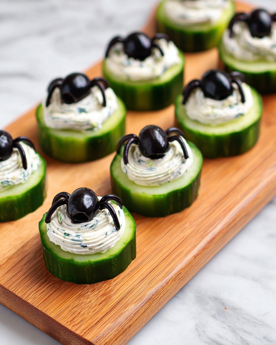 The image shows cucumber slices as the base layer, each one thick and light green with dark green skin around the edge, placed on a wooden board. On top of each cucumber slice is a swirl of white creamy spread with specks of green herbs mixed inside, smoothly piled in the center. Sitting on the cream are black olives cut to look like spider legs, with one whole black olive in the middle of each, creating a spider shape. The wooden board contrasts with the green cucumber and black olives, all set on a white marbled surface. Photo taken with an iphone --ar 4:5 --v 7