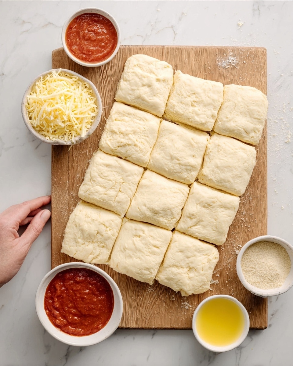 The image shows a wooden board with raw dough divided into 16 small square pieces arranged in four rows and four columns, covering almost the entire board. Around the board are small white bowls with various ingredients: one has red tomato sauce, another is filled with finely shredded yellow cheese, a third contains a light beige dry seasoning, and a fourth holds melted yellow butter. The surface below is white marble, and a woman's hand is seen reaching from the top left edge of the image. Photo taken with an iphone --ar 4:5 --v 7