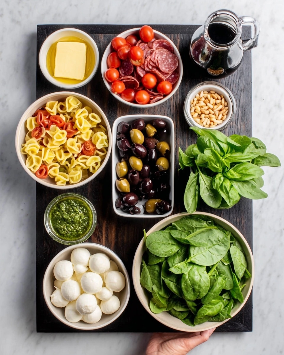 A top view of a black tray holding multiple small white bowls filled with fresh ingredients on a white marbled surface. The largest white bowl at the bottom right is piled high with bright green spinach leaves, next to a bunch of fresh basil with deep green leaves. Above them is a small white bowl with a golden-yellow butter portion and another small white bowl with light brown pine nuts. A cluster of deep red cherry tomatoes sits in a small white bowl near the top center, alongside a white bowl filled with whole black olives. A rectangular container holds mixed yellow, green, and orange tortellini pasta. Small white bowls contain ingredients like fresh mozzarella balls, crushed red pepper flakes, and minced garlic cloves. A small glass jug with dark balsamic vinegar and a small container of green pesto complete the setup. The image shows a woman's hand holding the tray from the left side. Photo taken with an iphone --ar 4:5 --v 7