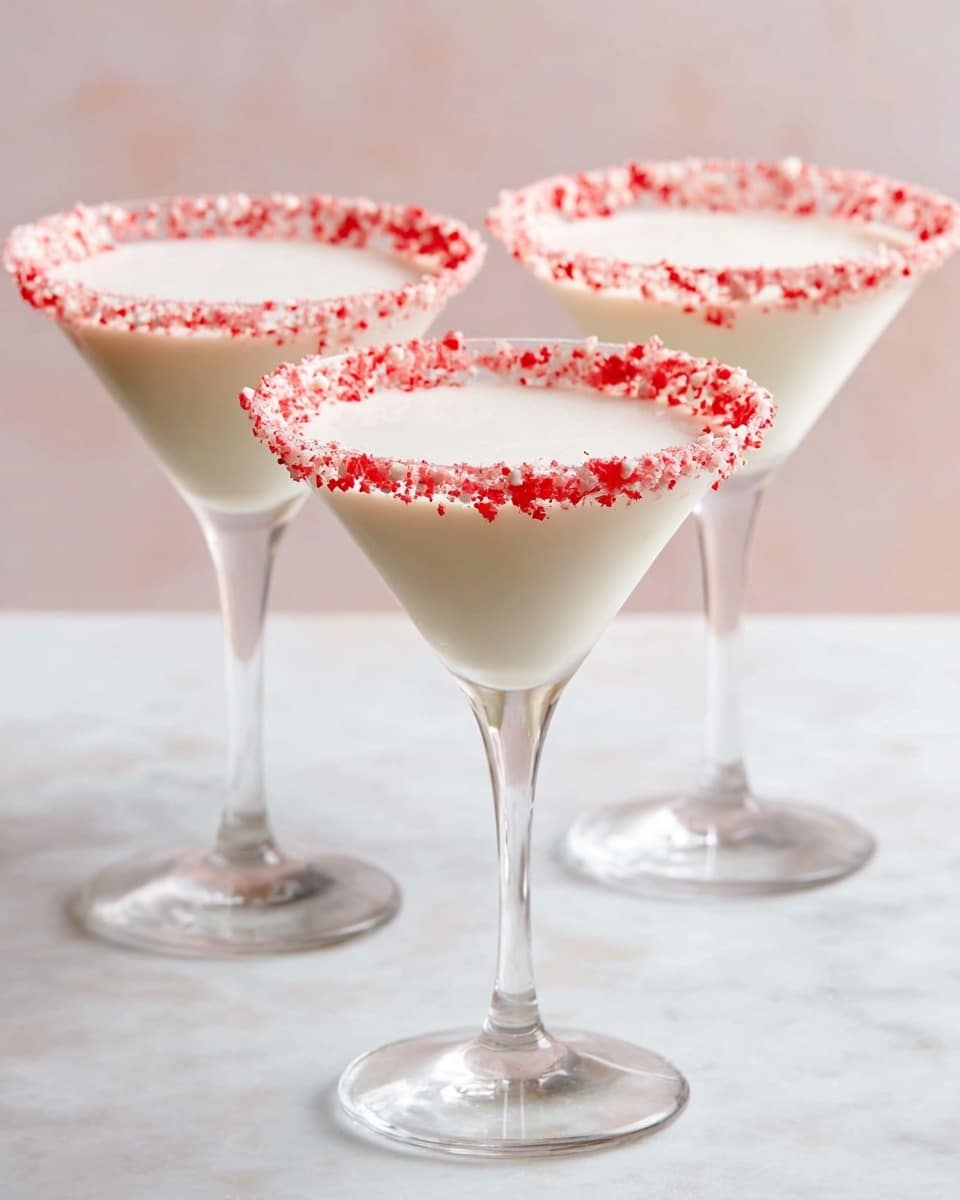 The image shows three clear martini glasses filled with a smooth, creamy white drink. Each glass has a rim decorated with small red bits evenly spread around the edge, adding a colorful contrast to the white drink. The glasses stand on a white marbled surface, with the light reflecting softly off the clear glass and smooth drink inside. The drink looks rich and cold, sitting just below the rim. The background is simple, putting focus on the glasses and their bright red rims. photo taken with an iphone --ar 4:5 --v 7