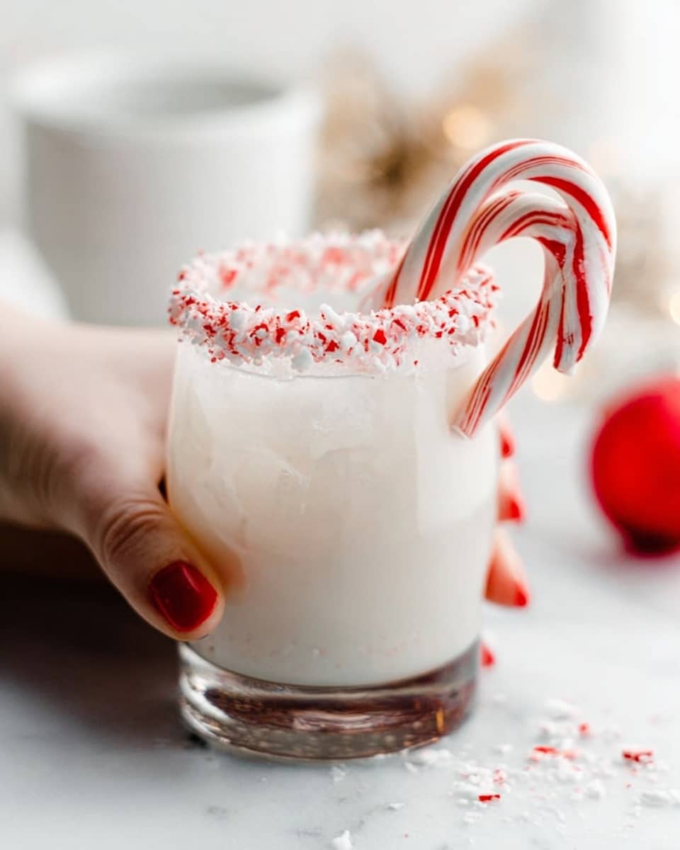 A clear glass filled with a white creamy drink and ice cubes sits on a white marbled surface. The rim of the glass is lined with crushed red and white peppermint pieces. Two red and white striped candy canes rest inside the glass, leaning slightly to one side. A woman's hand holding the glass is visible on the left side of the image. In the background, a blurry white cup and a red round object are visible. The overall setting is bright with soft lighting. photo taken with an iphone --ar 4:5 --v 7