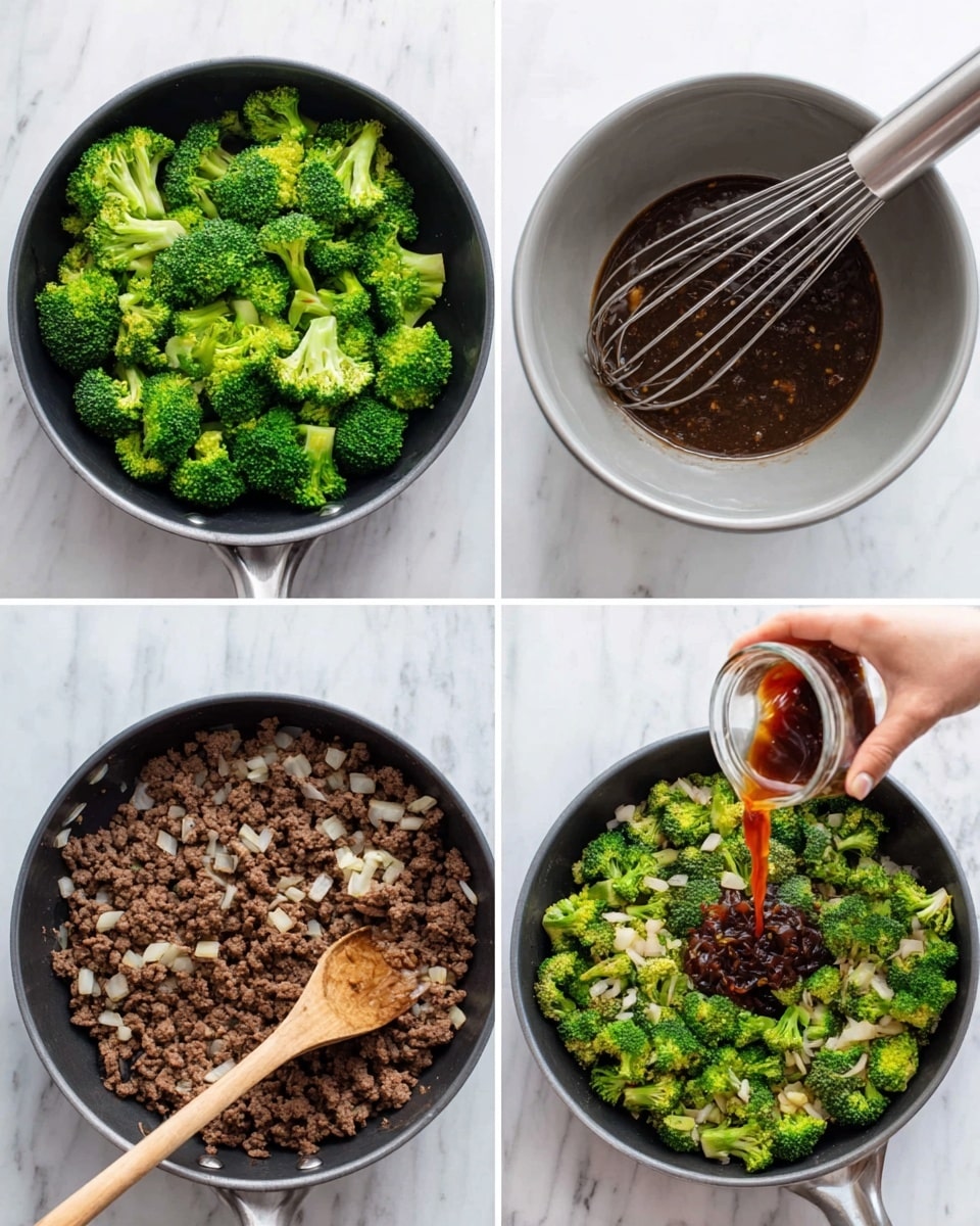 A four-part image shows the cooking process on a white marbled surface. The top left section has bright green broccoli pieces in a black pan. The top right shows a gray bowl with a dark brown sauce and a metal whisk inside. The bottom left has cooked ground beef mixed with small white onion pieces in a black pan, with a wooden spoon resting in it. The bottom right shows bright green broccoli and brown cooked beef together in a black pan, while a woman's hand pours sauce over the mixture from a glass container. Photo taken with an iphone --ar 4:5 --v 7