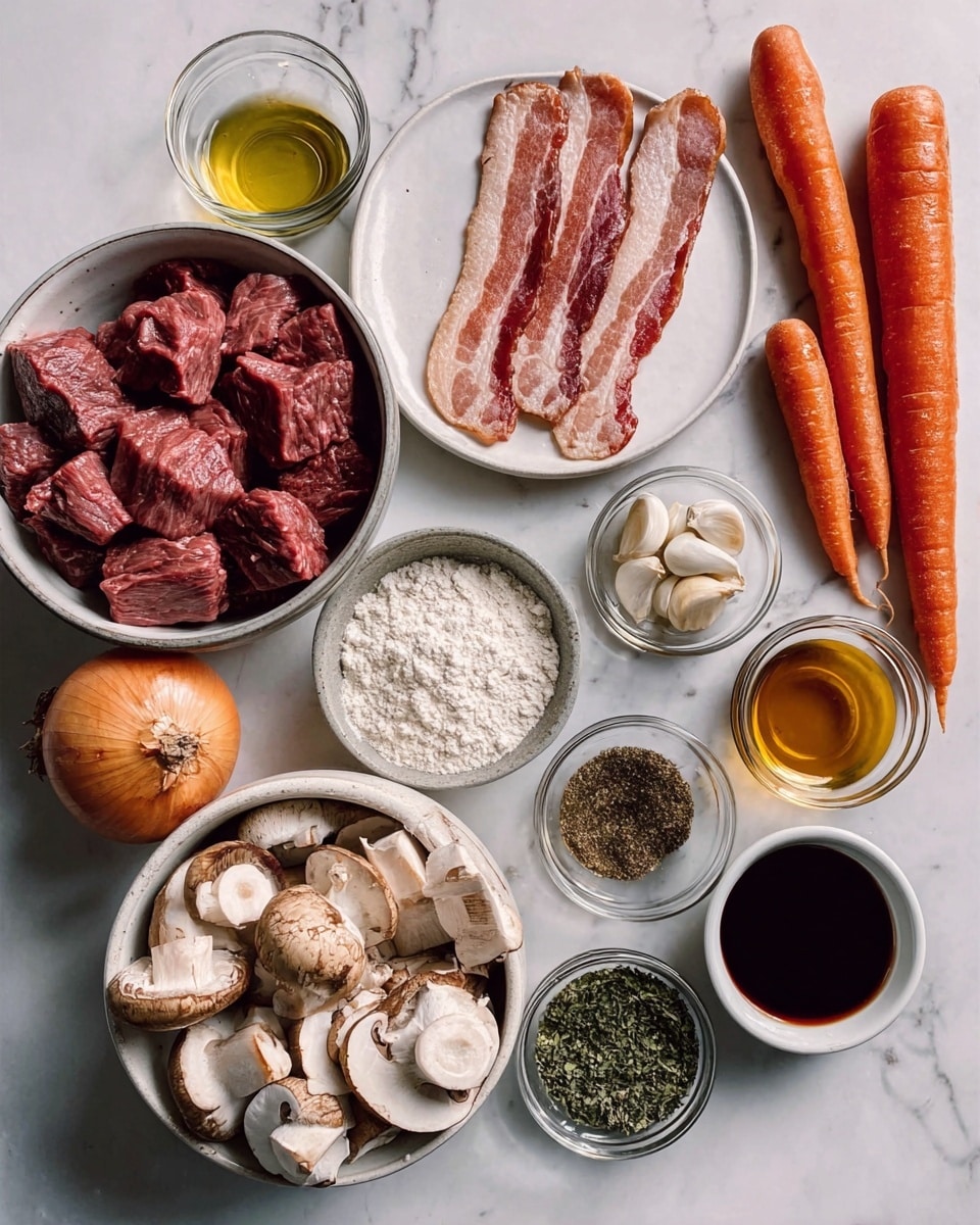 The image shows a white bowl filled with beef chunks at the bottom left. To the bottom right, there is a white bowl with sliced mushrooms. A whole onion rests next to the mushroom bowl, close to the bottom center. Above the onion is a small pile of flour on the white marbled surface. Above the flour, there is a small clear container with oil. Towards the top, there is a white plate holding two strips of uncooked bacon and three garlic cloves. To the right of the bacon plate, there are two whole carrots placed side by side. Four small bowls filled with different liquids and spices are arranged in a loose row near the middle right side: a dark liquid, a golden liquid, green herbs, and dark red liquid. The whole arrangement is on a white marbled surface. Photo taken with an iphone --ar 4:5 --v 7