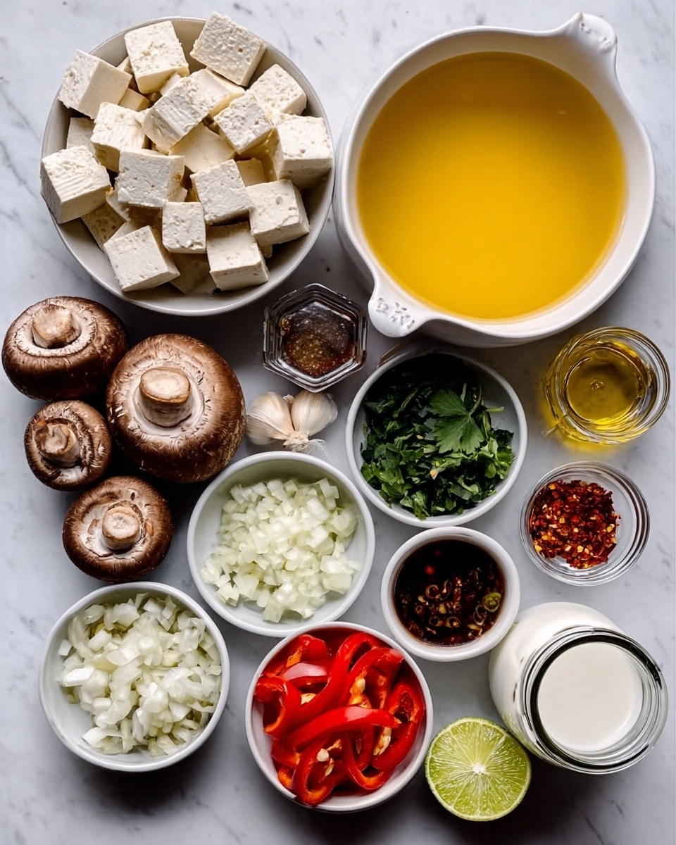 The image shows an overhead view of several white bowls arranged neatly on a white marbled surface. One large white bowl holds a bright yellow broth, next to a white bowl filled with white cubed tofu. Around them are smaller white bowls and dishes containing chopped white onions, dark brown mushrooms, green leafy herbs, crushed garlic, minced ginger, small red chili pieces, a dark red sauce, and sliced red bell peppers. Two halves of a lime are placed near the bottom right, and a clear glass jar with white coconut milk is also visible. The scene is well-lit and clean, focusing on fresh ingredients. photo taken with an iphone --ar 4:5 --v 7