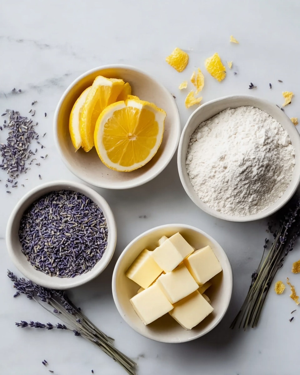 Five small white bowls are arranged on a white marbled surface. The top left bowl contains four yellow butter cubes with soft edges. Next to it, on the top center, is a bowl of bright yellow lemon wedges with visible texture and shine. To the right, a bowl full of small purple dried lavender flowers adds a pop of color. Below, centered on the left and right, are two smaller bowls also filled with purple dried lavender. Finally, a large bowl at the bottom right is filled with white flour, showing a powdery texture with some small clumps. Some loose lavender and thin lemon peels are scattered around for decoration. photo taken with an iphone --ar 4:5 --v 7