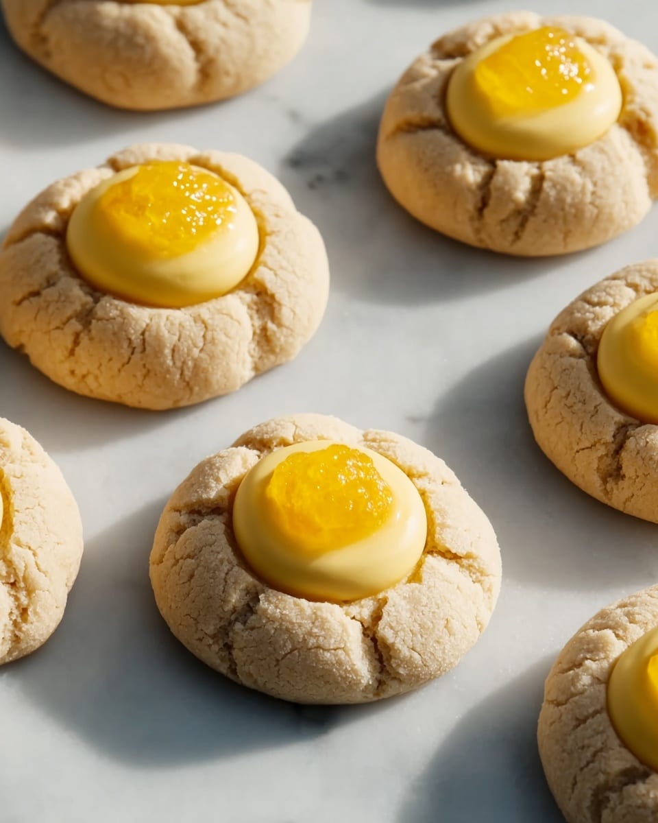 These are round cookies arranged closely on a white marbled surface. Each cookie has two layers: the bottom layer is a light beige, slightly cracked circular base with a soft texture, and the top layer is a smaller dome-shaped piece of the same light beige color. On the very top, there is a bright yellow dollop that looks smooth and shiny, sitting in the center of the dome. The cookies cast soft shadows on the surface, giving a sense of depth and light direction. Photo taken with an iphone --ar 4:5 --v 7