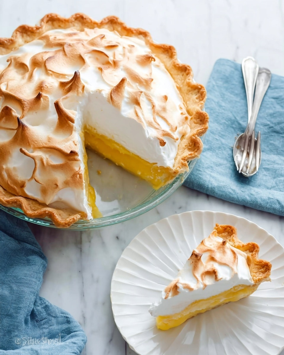 The image shows a lemon meringue pie with one slice taken out and placed on a white plate with a simple curved pattern. The pie has three visible layers: the bottom golden-brown crust with scalloped edges, a bright yellow lemon filling in the middle, and a tall, fluffy, golden-tipped meringue layer on top that is textured with peaks and swirls. The pie is in a clear glass dish on a white marbled surface, next to a blue cloth napkin with a silver fork resting on it. The overall scene looks bright and clean with soft natural light. photo taken with an iphone --ar 4:5 --v 7