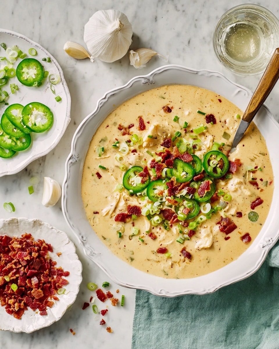 The image shows a white scalloped bowl filled with creamy light brown soup that has visible chunks of chicken inside. The soup is topped in the center with a colorful mix of bright green sliced jalapeños, chopped green onions, and small pieces of red bacon bits. There is a wooden-handled spoon resting inside the bowl. Around the bowl on a white marbled surface are a small white bowl with more bacon bits, a smaller white plate with sliced jalapeños, two garlic bulbs, and a glass of clear water. The overall look is fresh and inviting with a mix of creamy and crunchy textures. photo taken with an iphone --ar 4:5 --v 7