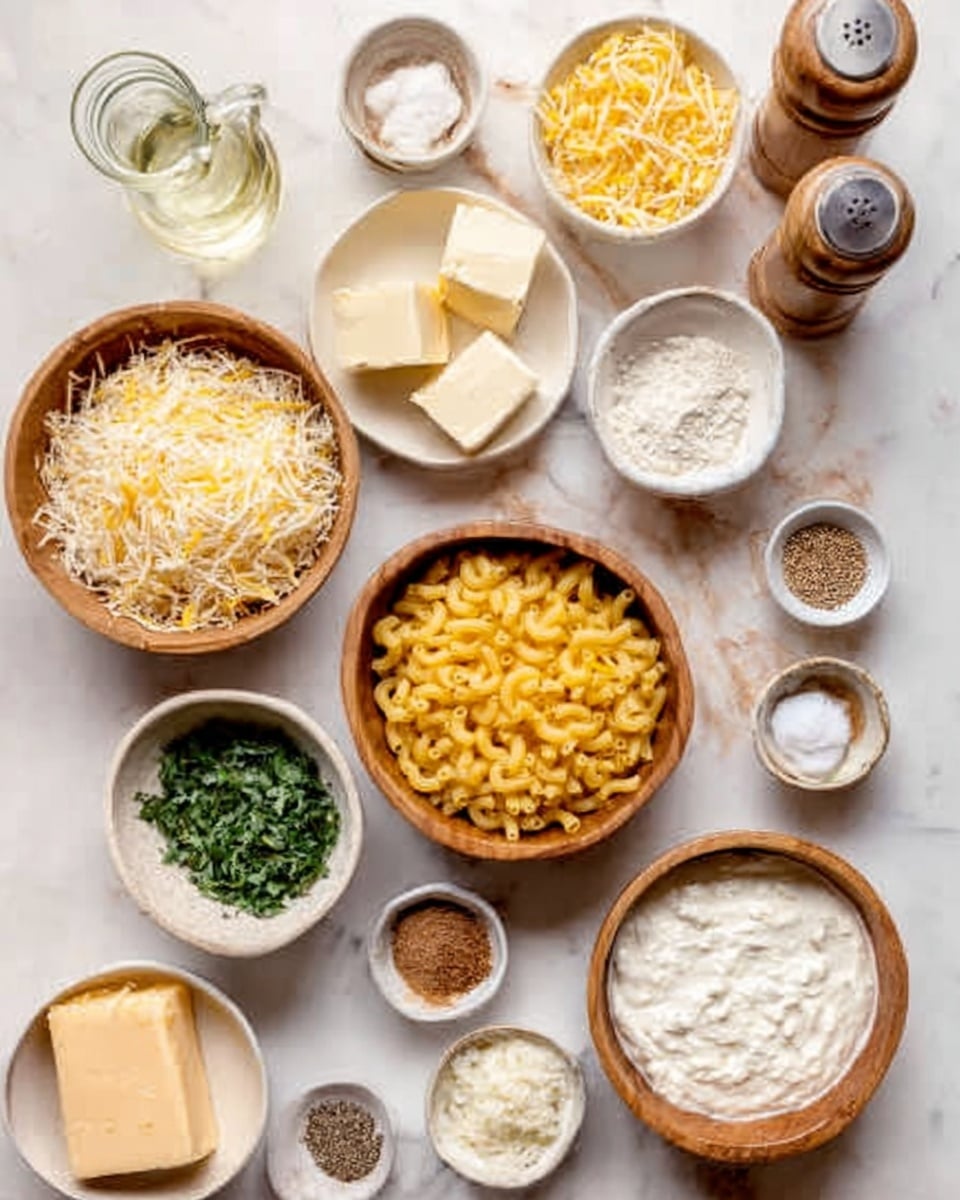 The image shows several white bowls and wooden bowls with different ingredients arranged neatly on a white marbled surface. There are three wooden bowls in the center holding yellow elbow macaroni, flour, and shredded cheese. Around them are white bowls with cubes of butter, chopped herbs, milk, sour cream, chopped onions, and ground pepper. Smaller white dishes contain salt, spices, and more herbs. A glass bottle of oil and spice grinders are also visible in the background, giving the sense of preparing a recipe step by step. Photo taken with an iphone --ar 4:5 --v 7