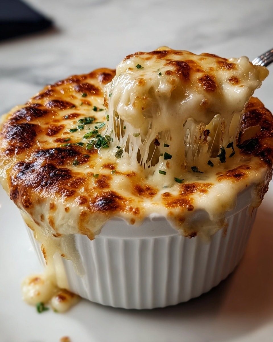 A white ceramic ramekin filled with creamy baked pasta, topped with a thick layer of golden-brown melted cheese that is bubbly and slightly charred in spots. The cheese layer has stretchable strands being pulled from the dish, showing gooey texture beneath. Small bits of chopped green herbs are sprinkled on top, adding color contrast. The ramekin sits on a white marbled surface, with soft lighting highlighting the cheese’s texture and the creamy sauce inside. photo taken with an iphone --ar 4:5 --v 7