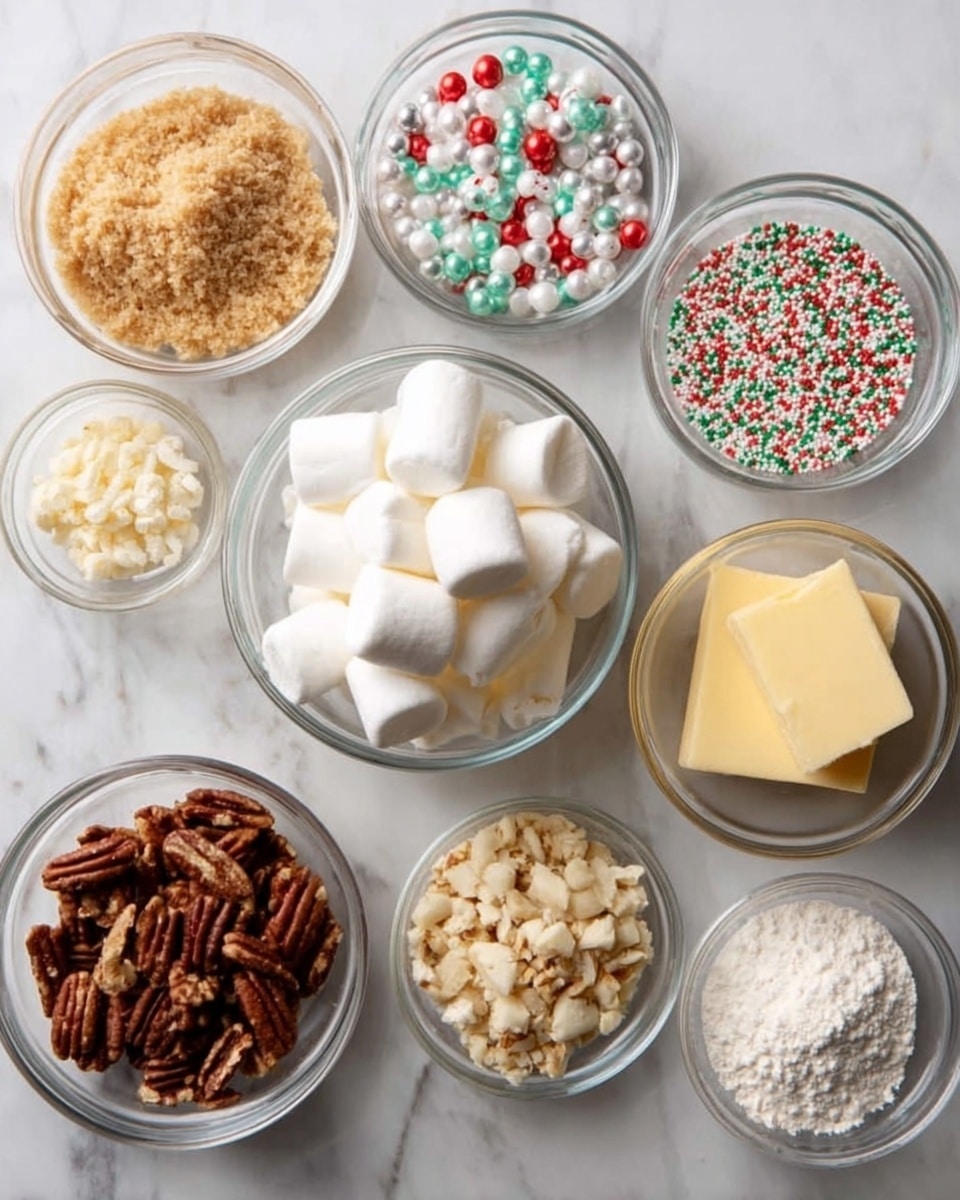 The image shows nine glass bowls arranged on a white marbled surface. The largest bowl in the center is full of small white marshmallows. Around it are eight smaller bowls forming a circle: starting from top left, a bowl with light brown sugar, next a bowl with red, green, and white round sprinkles, then a bowl with chunks of butter, followed by a bowl with pecans, then a bowl with white powdered sugar, below it a bowl with colorful round sprinkles, a bowl with a square block of butter, and lastly a bowl with white cream cheese or similar soft white spread. The bowls are clear and the colors of the ingredients are bright and distinct. photo taken with an iphone --ar 4:5 --v 7