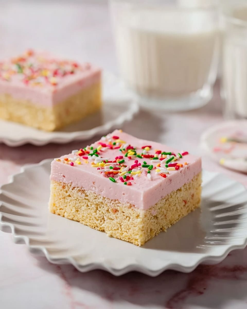 A square dessert piece with two layers sits on a white scalloped plate atop a white marbled surface. The bottom layer is thick, crumbly, and light golden yellow in color with a textured appearance. The top layer is a smooth, even layer of light pink frosting, sprinkled with small, colorful, thin cylindrical sprinkles in red, green, yellow, white, and purple. Another plate with a similar piece and two glasses of milk are blurred in the background. Photo taken with an iphone --ar 4:5 --v 7