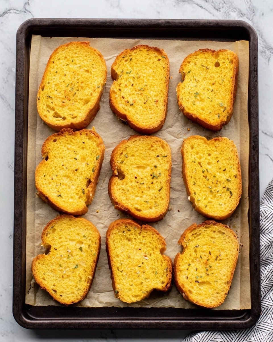 The image shows a dark baking tray lined with light beige parchment paper, neatly holding eight pieces of toasted bread arranged in two rows of four. Each slice is golden yellow with some specks of herbs and a slightly rough texture, indicating seasoning. The tray is set on a white marbled surface, and there is a small glimpse of a gray patterned cloth on the right edge. The lighting is natural, highlighting the warm color and crunchy texture of the bread slices. photo taken with an iphone --ar 4:5 --v 7