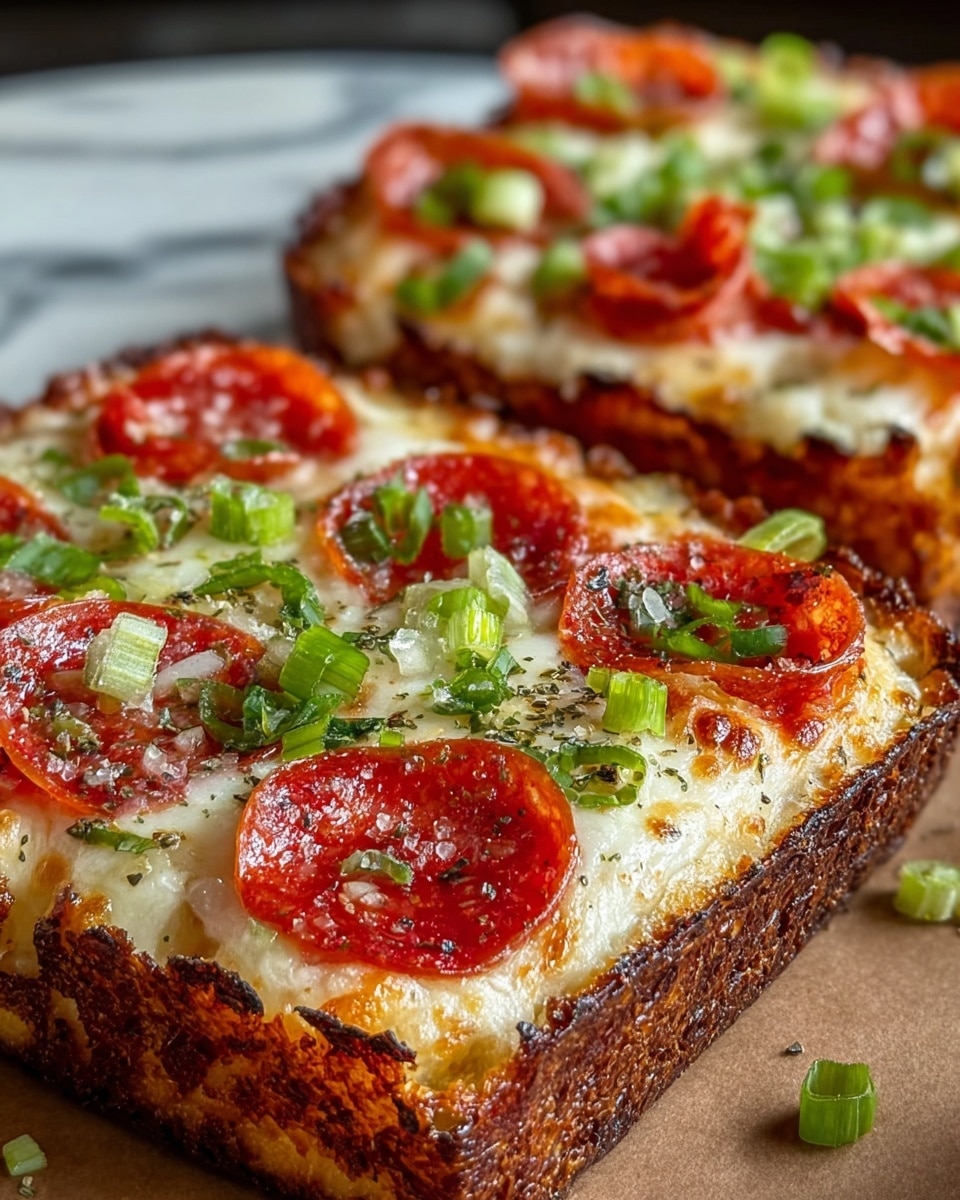 The image shows two thick, square-shaped crispy pizza slices placed on a brown surface with a white marbled texture in the background. Each slice has a dark golden, crunchy crust as the base layer, topped with melted white cheese that covers the entire top. There are multiple evenly spaced red pepperoni slices on each pizza, with small bits of green chopped onions sprinkled all over them. The cheese has a slightly bubbly texture, and the pepperoni slices add a bold red contrast to the creamy cheese layer. The green chopped onions add a fresh, bright touch of color spread across each slice. Photo taken with an iphone --ar 4:5 --v 7
