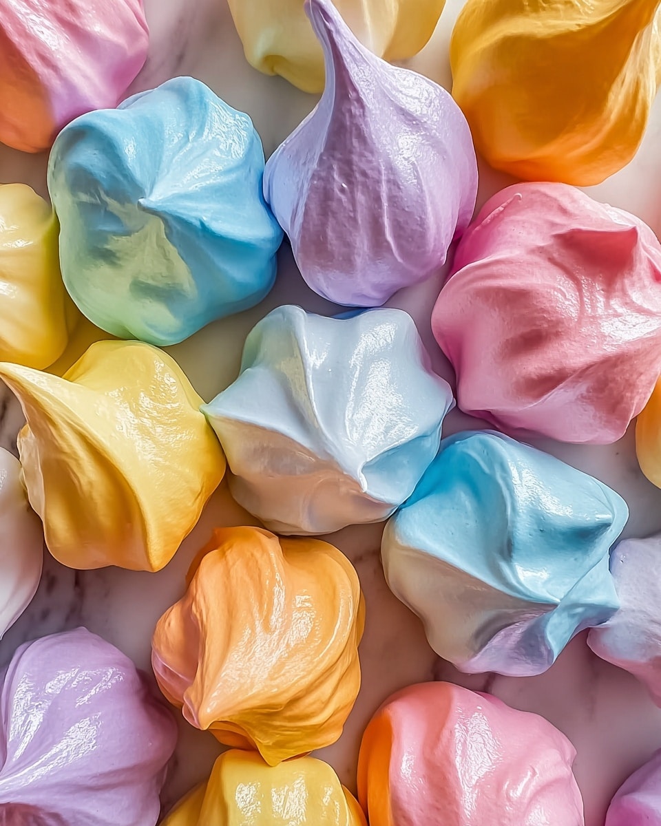 A close-up view of colorful meringue kisses scattered on a white marbled surface, each piece having a shiny and smooth texture with soft peaks. The meringues appear in pastel colors including yellow, pink, orange, blue, and purple, forming a bright and cheerful cluster. Their glossy surfaces reflect light, creating small highlights, and each piece has slight folds and wrinkles typical of piped meringue shapes. The background is clean and contrasts with the vibrant colors, making the arrangement look fresh and inviting. photo taken with an iphone --ar 4:5 --v 7