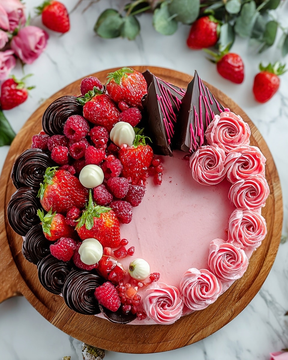 This is a round cake on a wooden board with several layers of decoration. The bottom layer is smooth pink frosting that covers the top of the cake. On the right side, there are small pink rose-shaped decorations in a neat row. Next to the roses, there are dark chocolate triangular pieces with pink lines and tiny toppings on them. The rest of the cake is fully covered with fresh red fruits, mostly strawberries and raspberries, some whole and some sliced. Along the left edge, there are dark chocolate rosettes forming a border. A few white glossy dollops are placed near the pink roses and fruits. The background is a white marbled surface with some scattered strawberries and green leaves. photo taken with an iphone --ar 4:5 --v 7