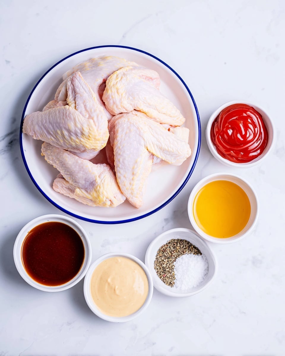 On a white plate with a blue rim, there are several pieces of raw chicken wings, pale pink with white skin and light yellow fat parts visible. Below the plate, five small white bowls are arranged in a semi-circle. From left to right, the first bowl contains a dark brown sauce with a smooth texture, the second has thick and shiny bright red ketchup swirled neatly, the third holds a clear golden liquid resembling honey, the fourth has a light beige creamy sauce, and the fifth bowl is divided into three sections filled with black pepper, light yellow powder, and white granules. All items are placed on a white marbled surface. Photo taken with an iphone --ar 4:5 --v 7