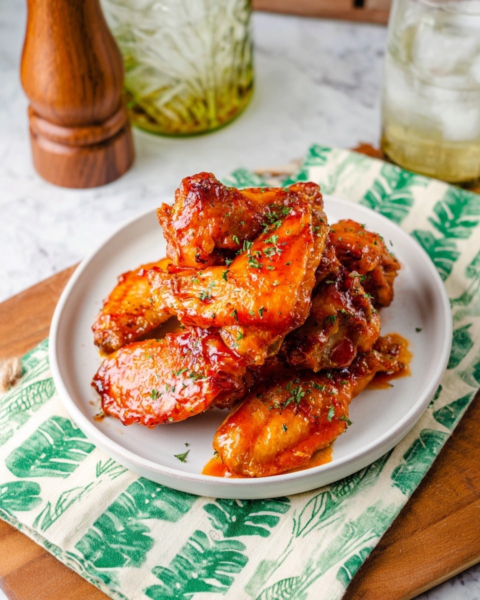 A white round plate holds a stack of six glazed chicken wings coated in shiny orange-red sauce with small green herb sprinkles on top. The wings are layered slightly unevenly, showing different shapes and textures of crispy skin and sauce. The plate sits on a green and white patterned cloth with stripes and leaf shapes, which rests on a wooden board. In the background, there is a glass filled with ice and a clear liquid, and a wooden pepper grinder. The whole scene is placed on a white marbled surface. photo taken with an iphone --ar 4:5 --v 7