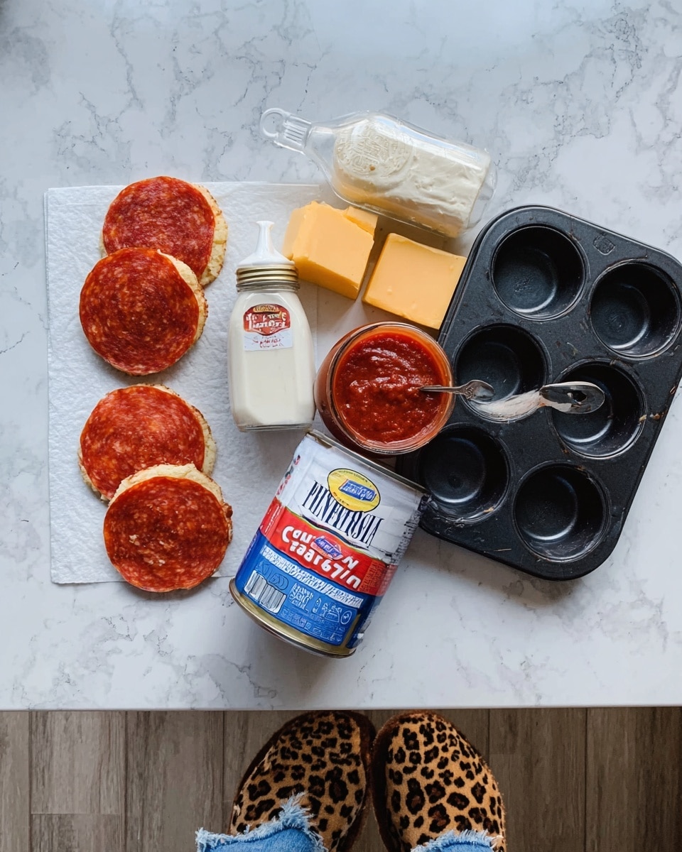 The image shows ingredients arranged on a white marbled surface including a stack of round, red pepperoni slices, a block of square yellow cheese slices, a clear squeeze bottle with white sauce, a jar of red marinara sauce, and a can of white cream cheese frosting with blue and red labeling. To the right, there is a black muffin tin with six cups. A woman's feet in ripped blue jeans and leopard print slippers are visible at the bottom edge. photo taken with an iphone --ar 4:5 --v 7
