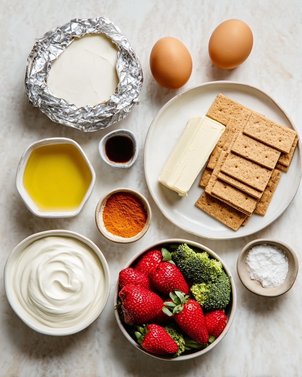 The image shows ingredients laid out on a white marbled surface. There is a stack of silver foil sheets and two whole brown eggs placed near a white round bowl filled with white flour. A white plate holds white sticks of butter and a small bowl with dark brown liquid next to a small bowl with bright orange powder. Another white round plate holds a large square stack of crackers, neatly arranged. A white bowl contains fresh strawberries with some green leaves visible. A small white dish with pale yellow liquid is also present. The photo is taken with an iphone --ar 4:5 --v 7