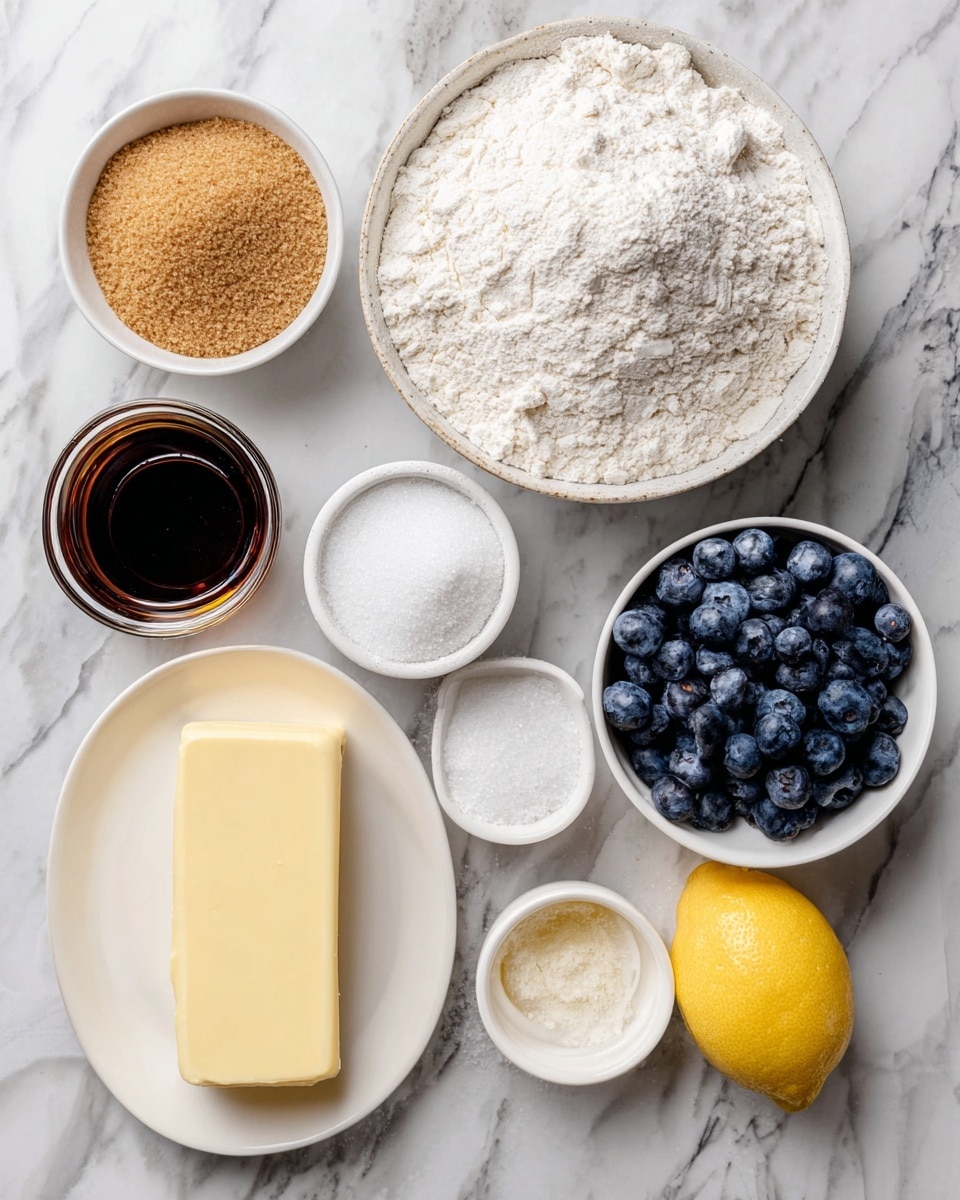 The image shows several ingredients arranged neatly on a white marbled surface. There is a large bowl filled with white flour positioned near the center. Above and to the left, there is a bowl with light brown sugar, and next to it on the right, a small bowl with white powder, likely baking powder or cornstarch. Below the brown sugar bowl, a smaller bowl contains white salt. To the right of the flour bowl, there is a small white bowl packed with fresh blueberries, next to half a lemon. Below the lemon and blueberries, a white plate holds a stick of yellow butter. On the bottom left side, a glass container holds dark brown liquid, likely vanilla extract. All items are clearly shown with good lighting, and the whole arrangement gives an organized and fresh look. Photo taken with an iphone --ar 4:5 --v 7
