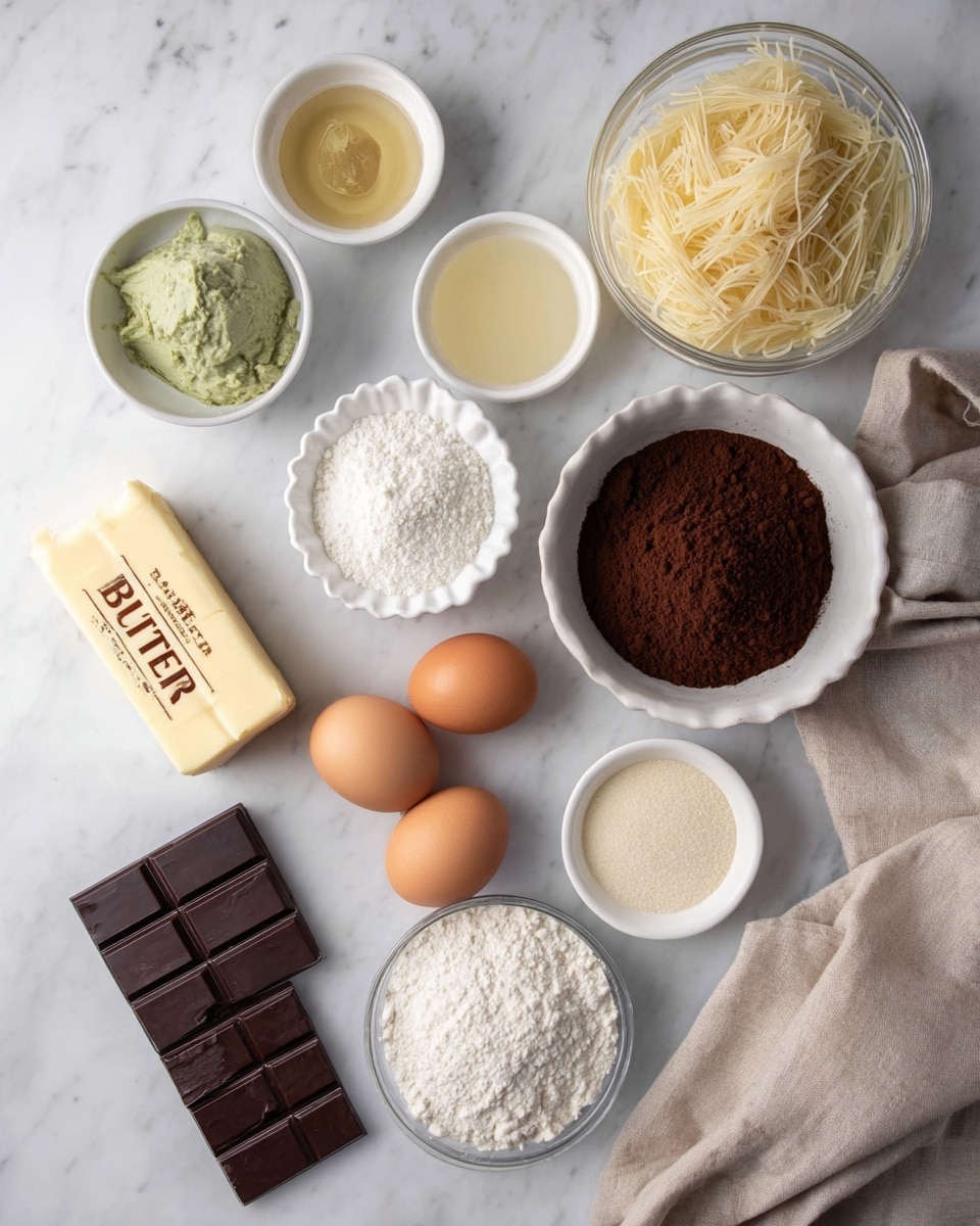 A white marbled surface holds various baking ingredients arranged neatly. There is a clear glass bowl filled with light beige thin shredded pastry strands in the top right. Surrounding this are small white bowls holding a light green thick paste, some white powder, a creamy light tan liquid, a clear pale yellow liquid, and white flour. A white scalloped bowl contains dark brown cocoa powder, next to three brown eggs placed closely. A block of butter with a yellow wrapper labeled